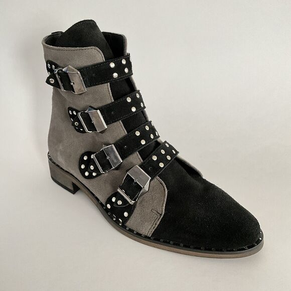 Girotti Bootie Women Size 41 US 10 - 10.5M Gray Black Suede Quad Buckle Studded - Picture 11 of 13